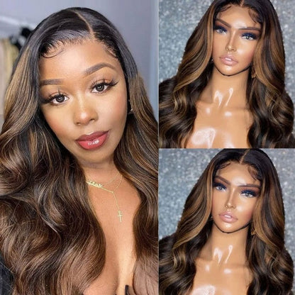 Sunber Highlight Balayage Body Wave Lace Front Wigs Shadow Root Human Hair Wigs With Baby Hair