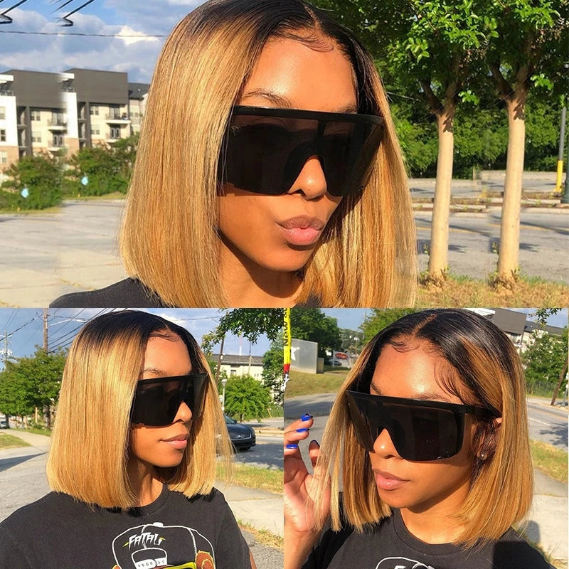 Sunber Golden Blonde With Dark Roots Layered Lob 13x4 lace front wig Short Bob Wig