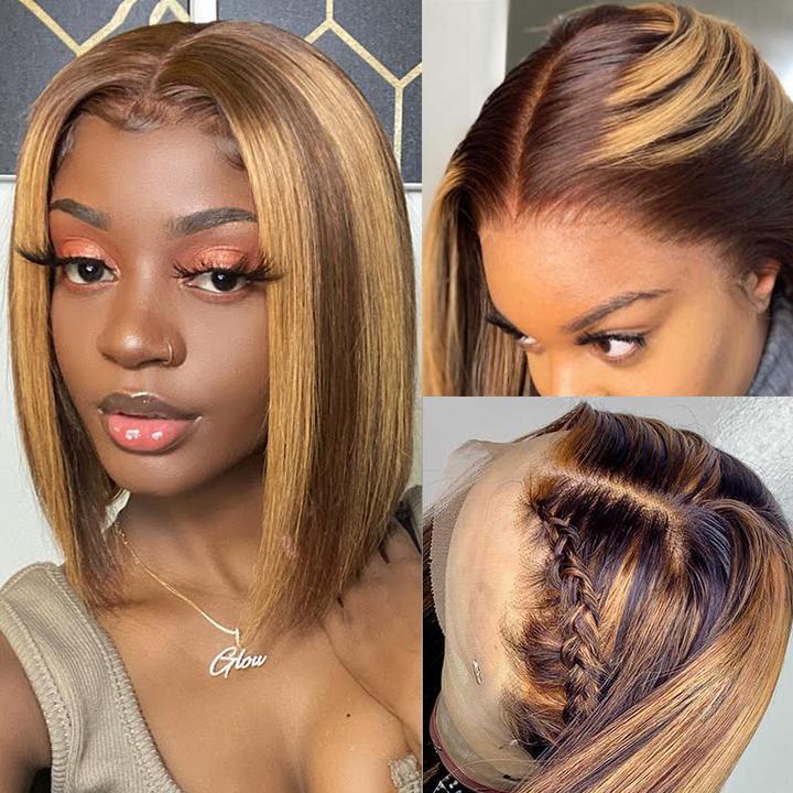 Brown Highlight Wavy Side Part Bob 13x4 Lace Front Wig With Caramel Highlights