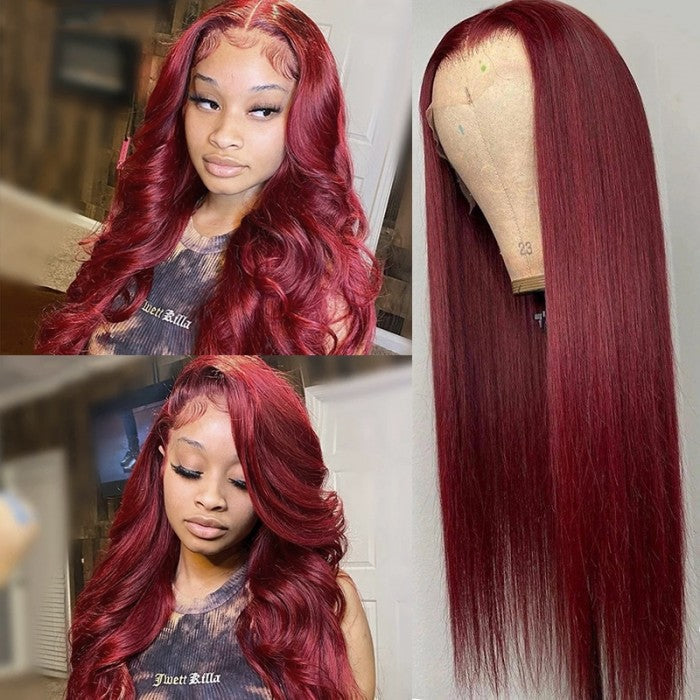 Sunber Dark 99J Burgundy Color 13x4 Lace Front Wigs Pre Plucked Long Straight Human Hair Wigs