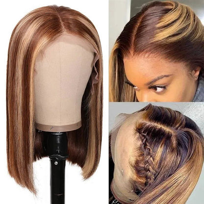 Brown Highlight Wavy Side Part Bob 13x4 Lace Front Wig With Caramel Highlights