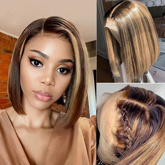 Brown Highlight Wavy Side Part Bob 13x4 Lace Front Wig With Caramel Highlights