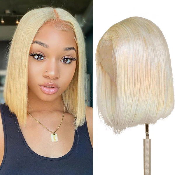 613 Blonde Color Short Straight Lace Closure Bob Wig 13 By 4 Lace Front Wigs