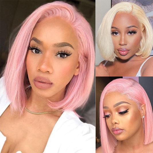 613 Blonde/Pink 13x4 Short Bob Lace Front Wig Straight Hair Undetectable Lace Wig Pre Plucked With Baby Hair Natural Hairline Glueless Wig-Geeta Hair