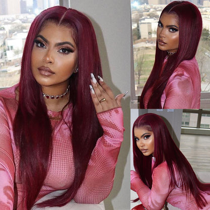 Sunber Dark 99J Burgundy Color 13x4 Lace Front Wigs Pre Plucked Long Straight Human Hair Wigs