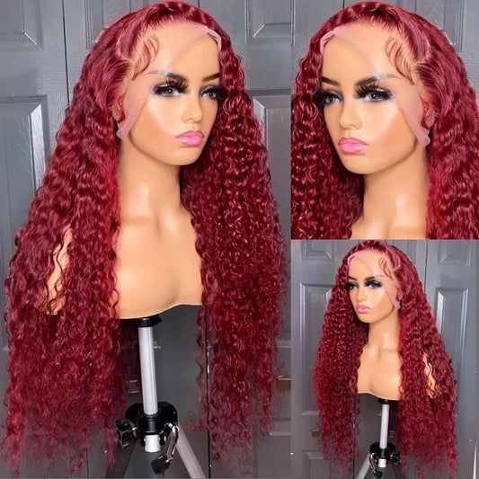 18"-20" 99J Jerry Curl Red Burgundy Human Hair Lace Wigs Flash Sale