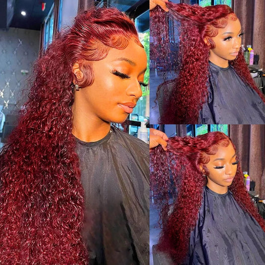 18"-20" 99J Jerry Curl Red Burgundy Human Hair Lace Wigs Flash Sale