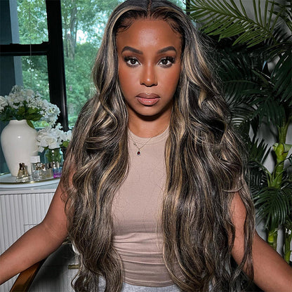 Sunber Chocolate Brown With Peek A Boo Blonde Highlights Lace Front Body Wave Wig