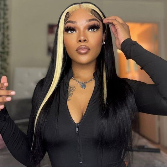 13x4 Lace Frontal Skunk Stripe Wig #613/Black Color Highlight Straight Hair Lace Front Wigs-GeetaHair