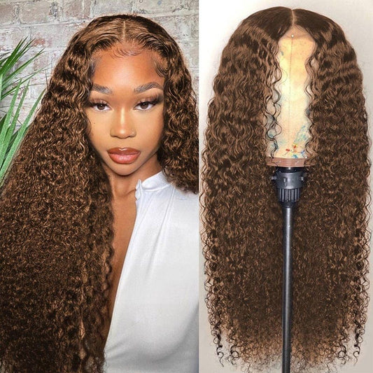 Klaiyi Jerry Curly Chocolate Brown Colored Middle Part Human Hair Wigs For Women