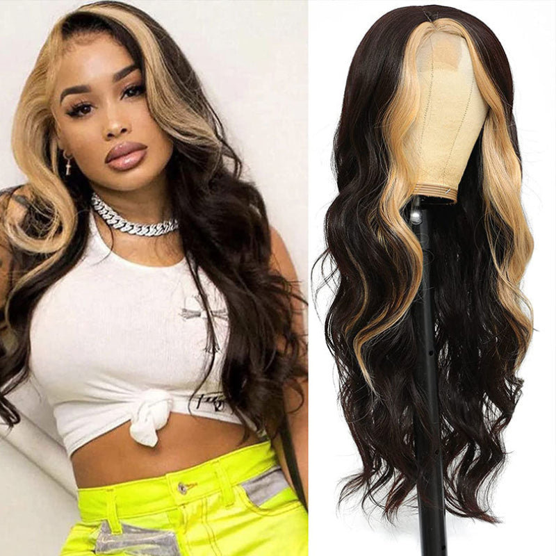 Sunber Blonde Highlights Body Wave 13x4 Lace Front Wig With Skunk Stripe Hair