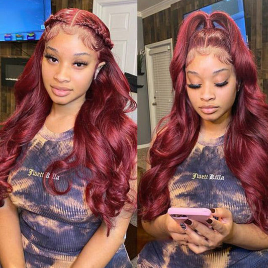 Dark 99J Burgundy Body Wave 13x4 Lace Front Wigs Pre Plucked Human Hair Colored Wigs
