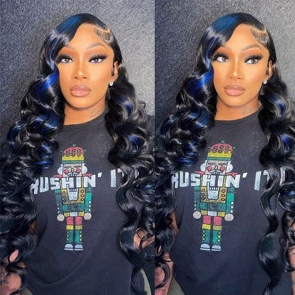 Sunber Body Wave 13x4 Lace Front Wigs Black With Blue Highlights Skunk Stripe Blue Dream