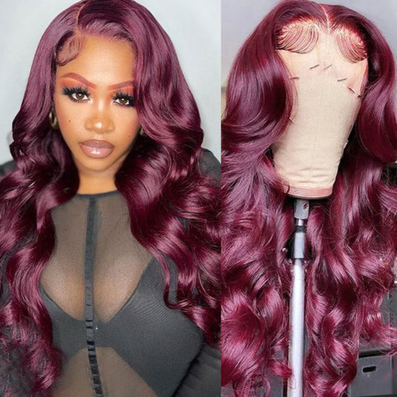 Dark 99J Burgundy Body Wave 13x4 Lace Front Wigs Pre Plucked Human Hair Colored Wigs