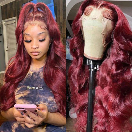 Dark 99J Burgundy Body Wave 13x4 Lace Front Wigs Pre Plucked Human Hair Colored Wigs