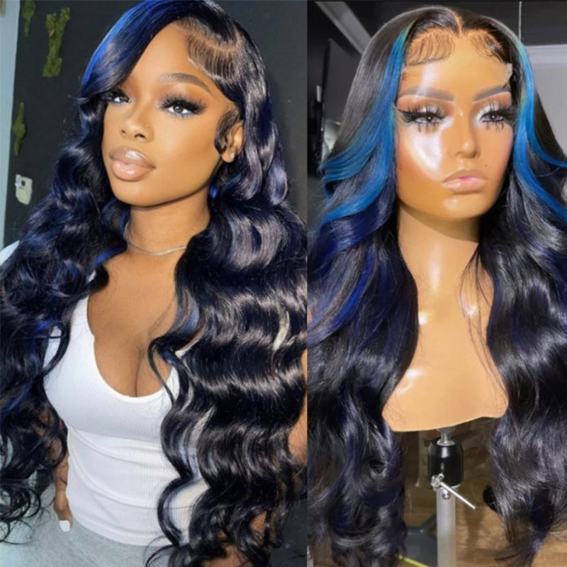 Sunber Body Wave 13x4 Lace Front Wigs Black With Blue Highlights Skunk Stripe Blue Dream