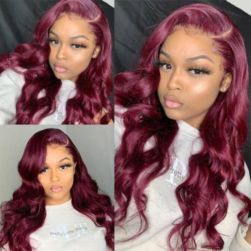 Dark 99J Burgundy Body Wave 13x4 Lace Front Wigs Pre Plucked Human Hair Colored Wigs