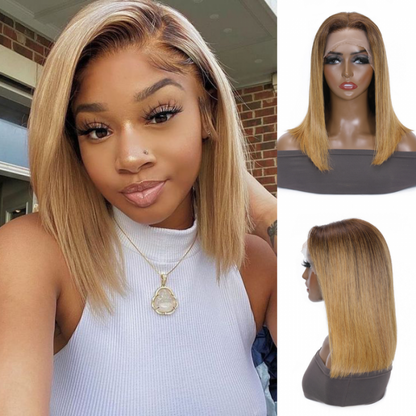 Sunber Golden Blonde With Dark Roots Layered Lob 13x4 lace front wig Short Bob Wig