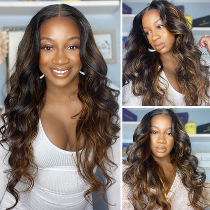 Sunber Highlight Balayage Body Wave Lace Front Wigs Shadow Root Human Hair Wigs With Baby Hair