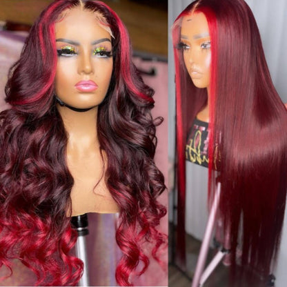 Sunber Dark Burgundy With Rose Red Highlights Loose Wave 13x4 Lace Front Human Hair Wig