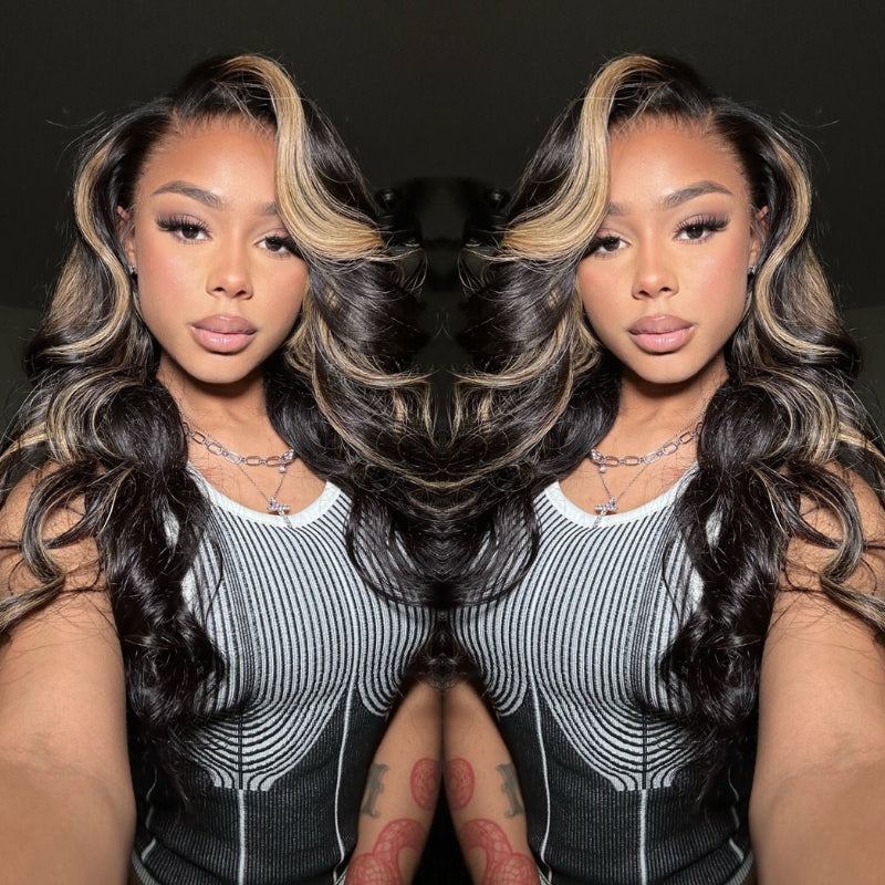 Sunber Chocolate Brown With Peek A Boo Blonde Highlights Lace Front Body Wave Wig