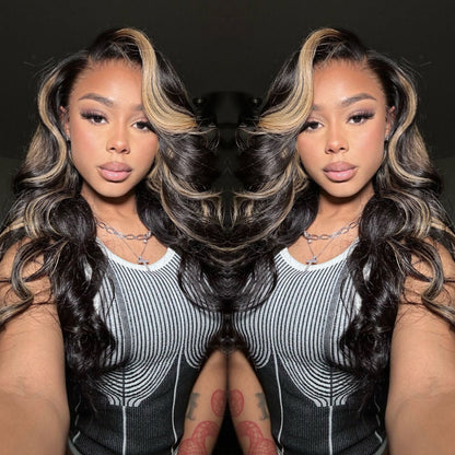 Sunber Chocolate Brown With Peek A Boo Blonde Highlights Lace Front Body Wave Wig