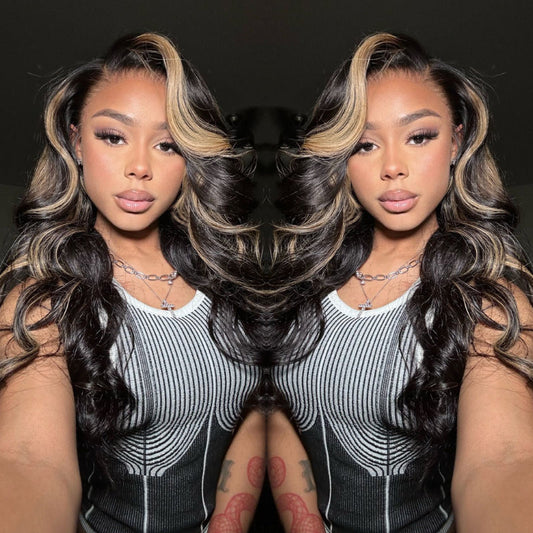 Sunber Chocolate Brown With Peek A Boo Blonde Highlights Lace Front Body Wave Wig