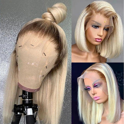 Sunber Blonde 13x4 Lace Front Straight Bob Wig With Dark Roots