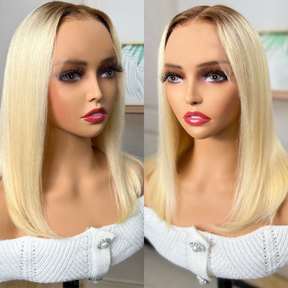 Sunber Blonde 13x4 Lace Front Straight Bob Wig With Dark Roots