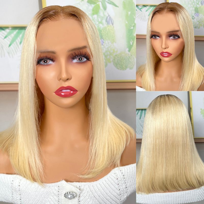 Sunber Blonde 13x4 Lace Front Straight Bob Wig With Dark Roots