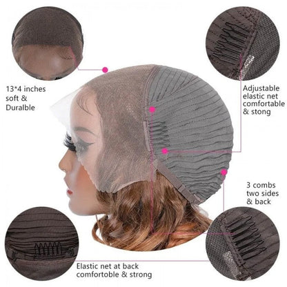 Brown Highlight Wavy Side Part Bob 13x4 Lace Front Wig With Caramel Highlights