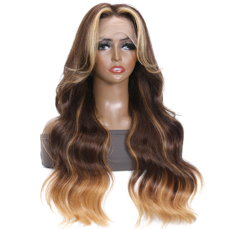 Sunber Cut Curtain Bangs Ombre Dark Brown with Blonde Highlights Lace Front Wig