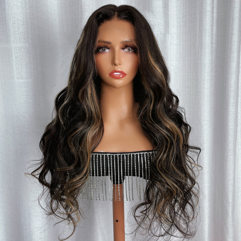 Sunber Chocolate Brown With Peek A Boo Blonde Highlights Lace Front Body Wave Wig