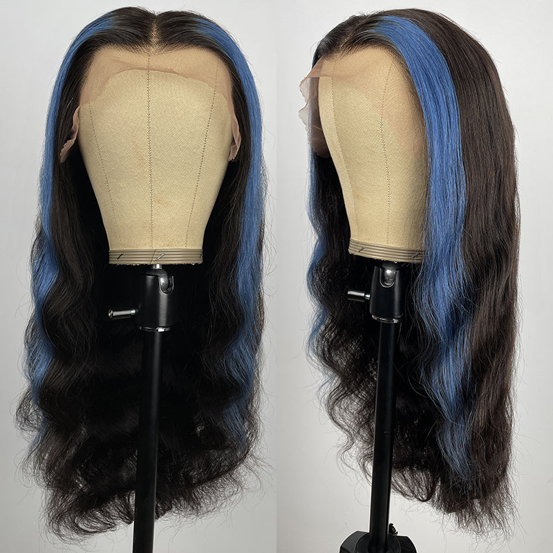 Sunber Body Wave 13x4 Lace Front Wigs Black With Blue Highlights Skunk Stripe Blue Dream