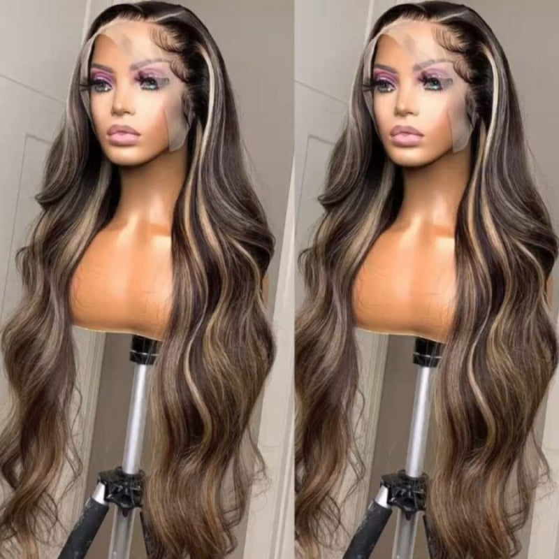 Sunber Chocolate Brown With Peek A Boo Blonde Highlights Lace Front Body Wave Wig