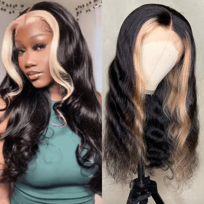 Sunber Blonde Highlights Body Wave 13x4 Lace Front Wig With Skunk Stripe Hair