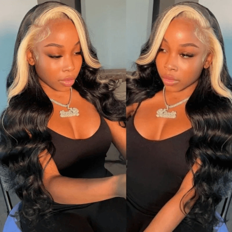 Sunber Blonde Highlights Body Wave 13x4 Lace Front Wig With Skunk Stripe Hair