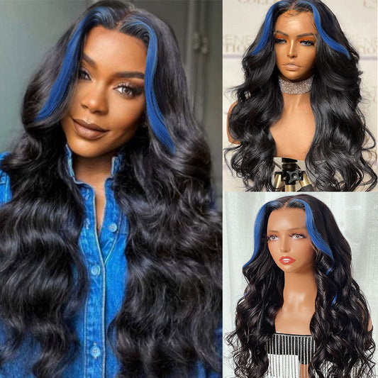 Sunber Body Wave 13x4 Lace Front Wigs Black With Blue Highlights Skunk Stripe Blue Dream