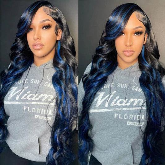 Sunber Body Wave 13x4 Lace Front Wigs Black With Blue Highlights Skunk Stripe Blue Dream