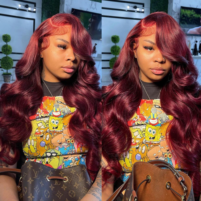 Dark 99J Burgundy Body Wave 13x4 Lace Front Wigs Pre Plucked Human Hair Colored Wigs