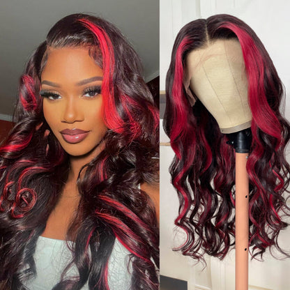 Sunber Dark Burgundy With Rose Red Highlights Loose Wave 13x4 Lace Front Human Hair Wig