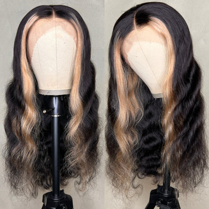 Sunber Blonde Highlights Body Wave 13x4 Lace Front Wig With Skunk Stripe Hair