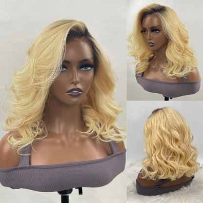 Sunber Dark Roots Golden Blonde Short Bob Wig Loose Wave 13x4 Lace Front Wigs